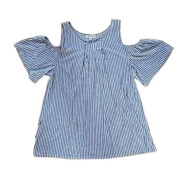 Max Studio Women’s Cold Shoulder Pleated Top – Navy/White Striped – Size Medium - Picture 2 of 3